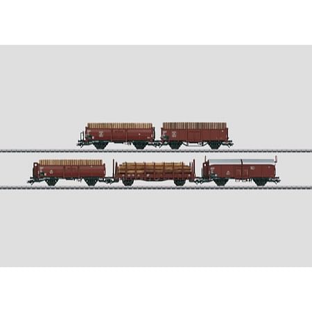 Güterwagen-Set "Holzverladung". - Kmmks 51; Omm 52; Omm 55; Rr 20 