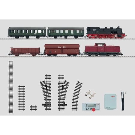 Mega-Digital-Startpackung 230 Volt mit 2 Zügen. Personenzug und Güterzug mit großer Gleisanlage, Transformator und Mobile Station. - V 100 / BR 78 DB 