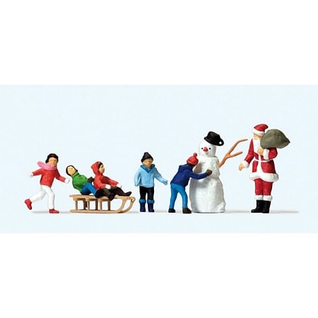 Julemand, børn m. kælk og snemand 